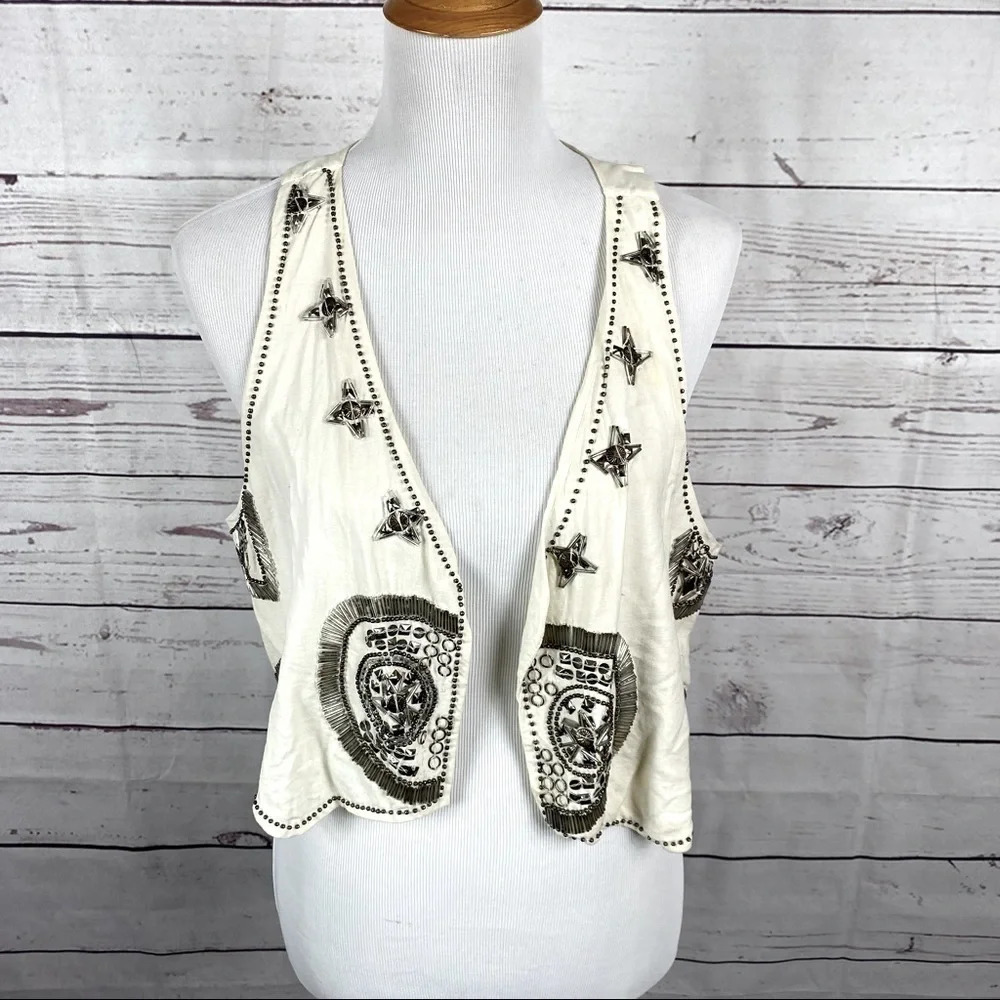 RIVER Island linen and cotton blend beaded embroidered vest Sz 18
